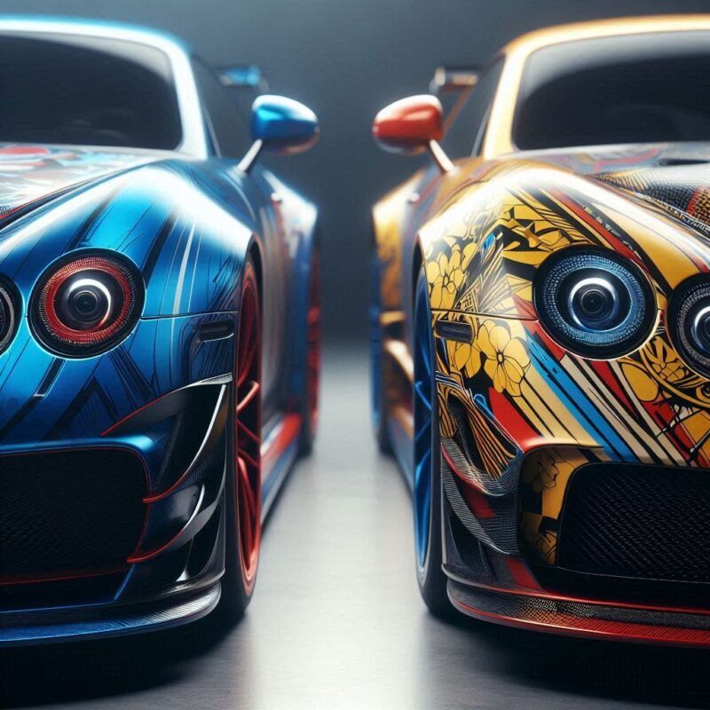 Coches vinilados artisticamente Dos coches deportivos (Audi y BMW) completamente vinilados con diseño artístico personalizado en Rótulos Barakaldo. Transformación profesional de vehículos.