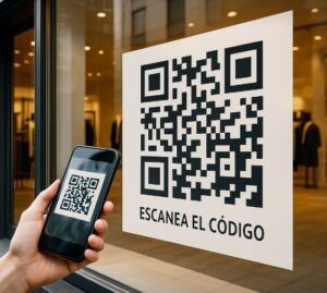 Mockup de escaparate moderno con vinilo y código QR escaneable