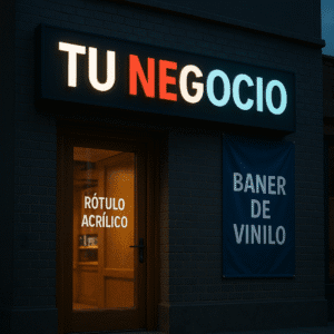 Fachada de tienda con rótulo LED en blanco, rojo y azul claro y banner de vinilo