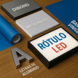 Muestra de paneles de Dibond, placas de metacrilato, rollo de vinilo, letra corpórea de aluminio y rótulo LED sobre madera