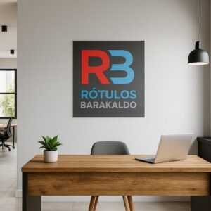 Pared de recepción con vinilo decorativo que incorpora el logo de la empresa en formas geométricas rojo y azul claro