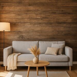 Salón moderno con pared destacada cubierta por vinilo que imita madera natural envejecida