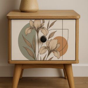 Primer plano de mesita de noche con vinilo personalizado mostrando un diseño creativo de flores y formas geométricas