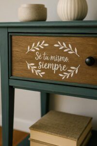 Primer plano de mesita de noche con vinilo personalizado mostrando un diseño creativo de flores y formas geométricas