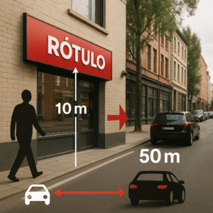 Fachada urbana mostrando rótulo con peatón a 10 m y coche a 50 m