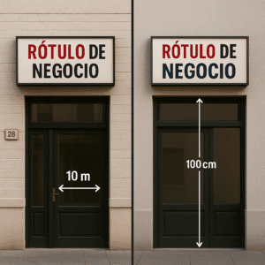 Foto de fachada con rótulo y al lado la misma vista con medidas y flechas