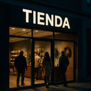 Fachada de tienda con rótulo LED iluminado y clientes entrando