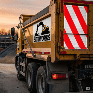 Un dumper o camión de obra con vinilos reflectantes homologados en la parte trasera y un logo de empresa en el lateral
