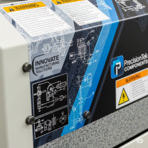 Un primer plano de un vinilo de alta calidad instalado en una máquina industrial con pequeños detalles gráficos y logotipos.