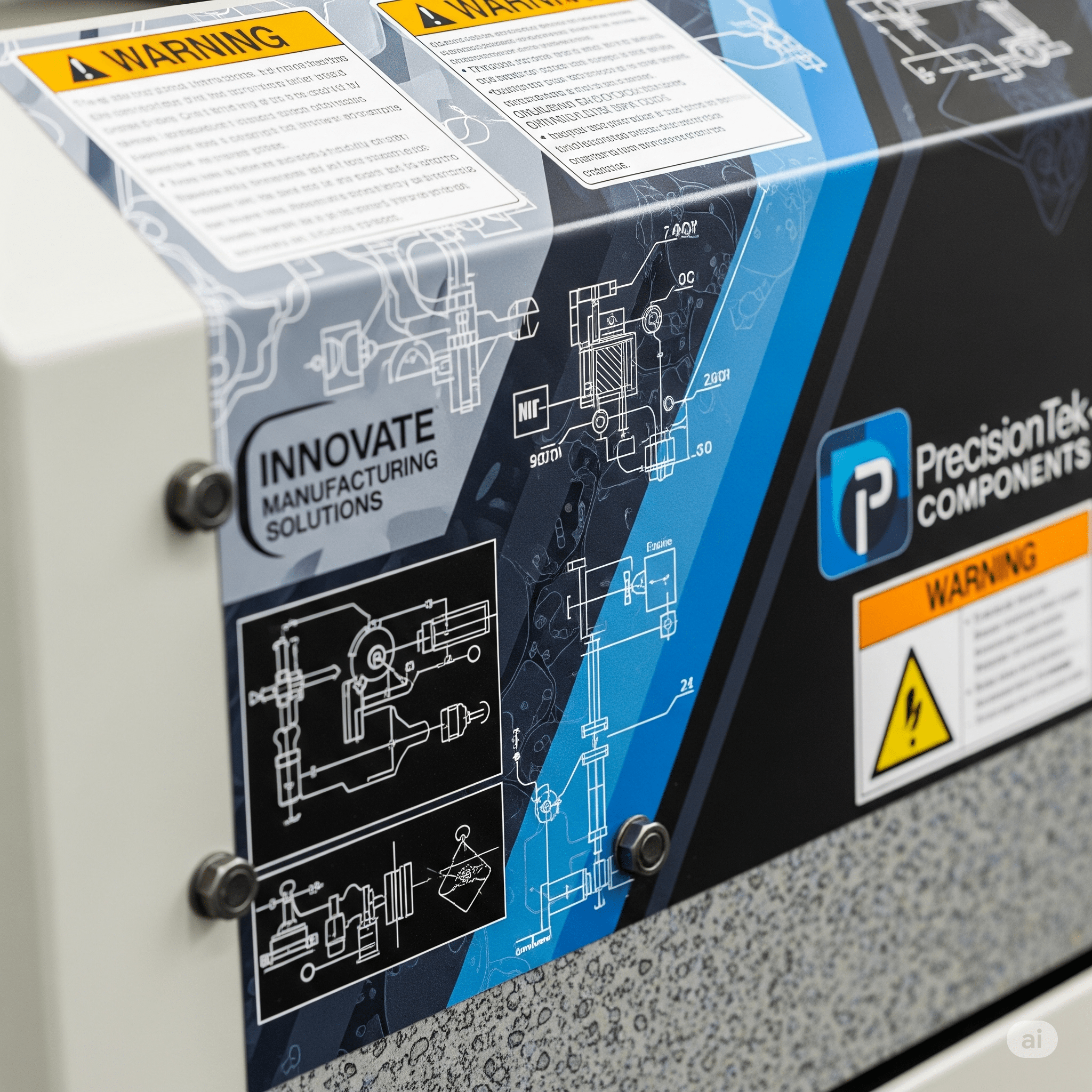 Un primer plano de un vinilo de alta calidad instalado en una máquina industrial con pequeños detalles gráficos y logotipos.