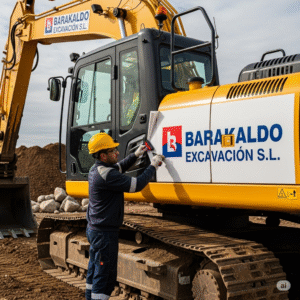 Aplicación de vinilo sobre una excavadora amarilla