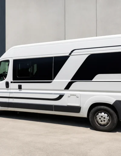 Furgoneta camper blanca personalizada con vinilos decorativos